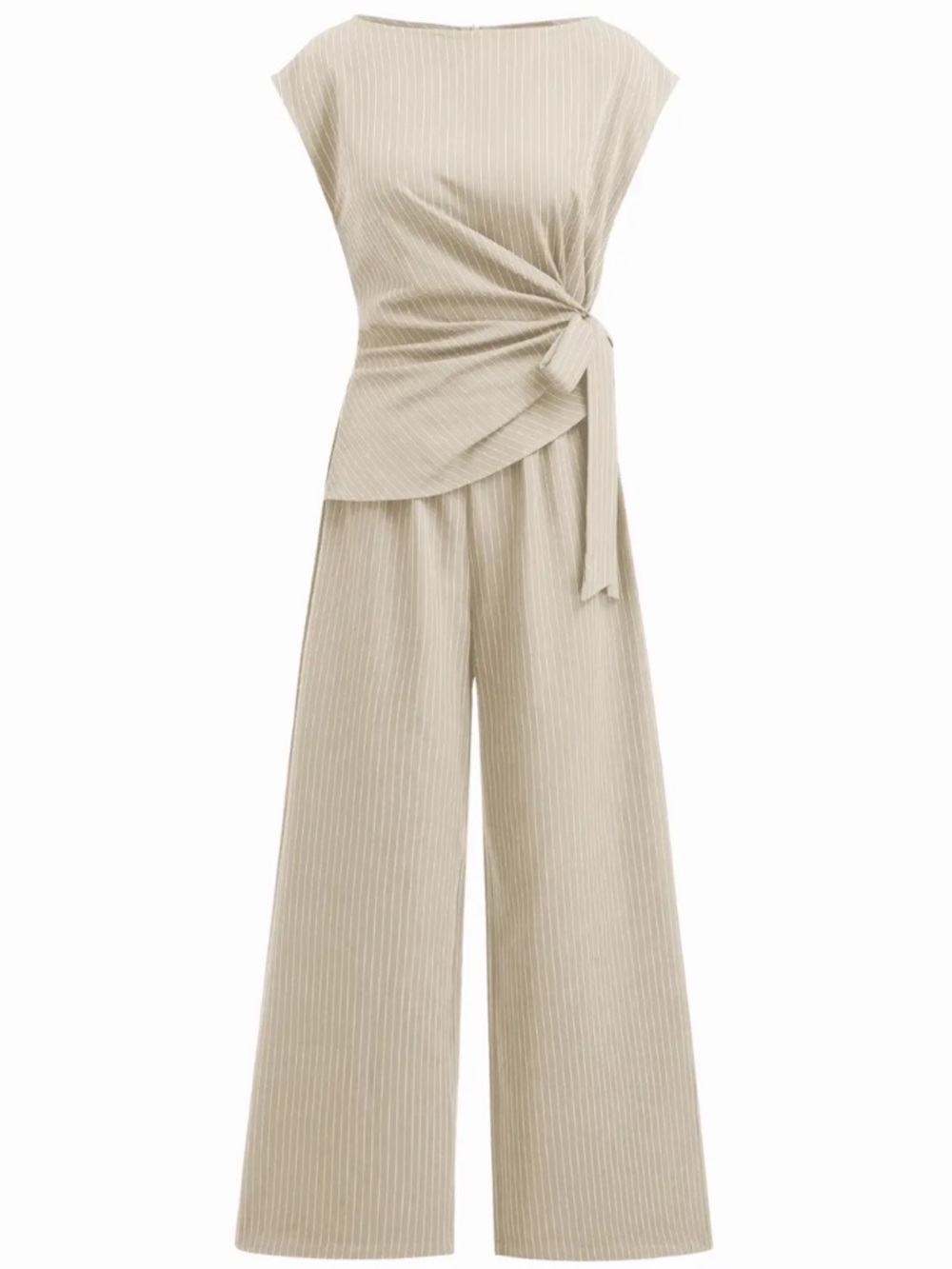 Cider BOAT NECK STRIPE RUCHED KNOTTED STRAIGHT LEG JUMPSUIT in Beige